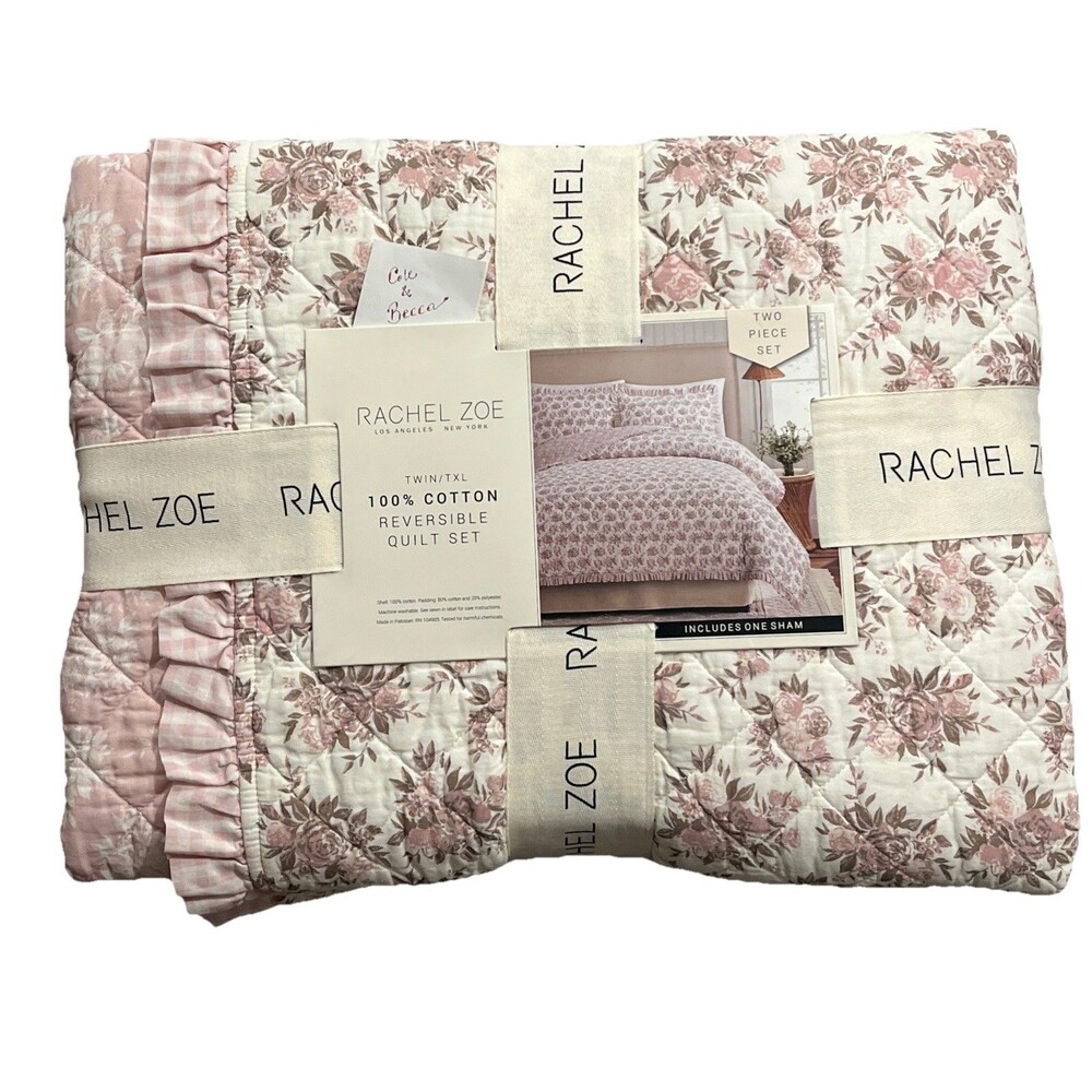 Rachel Zoe TWIN XL Floral Cotton Reversible Quilt Set Ruffles Pink Gingham New